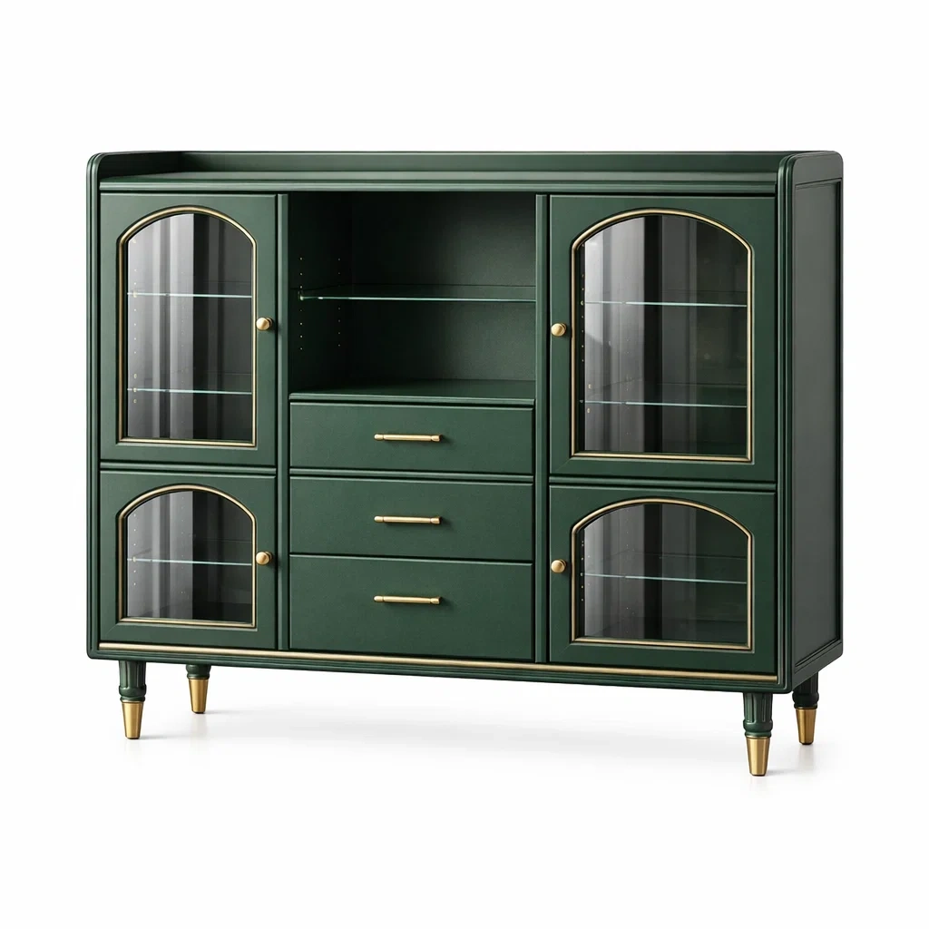 Buffet en bois et verre trempé vert 3 tiroirs 4 portes-DREAMNESTLIVING