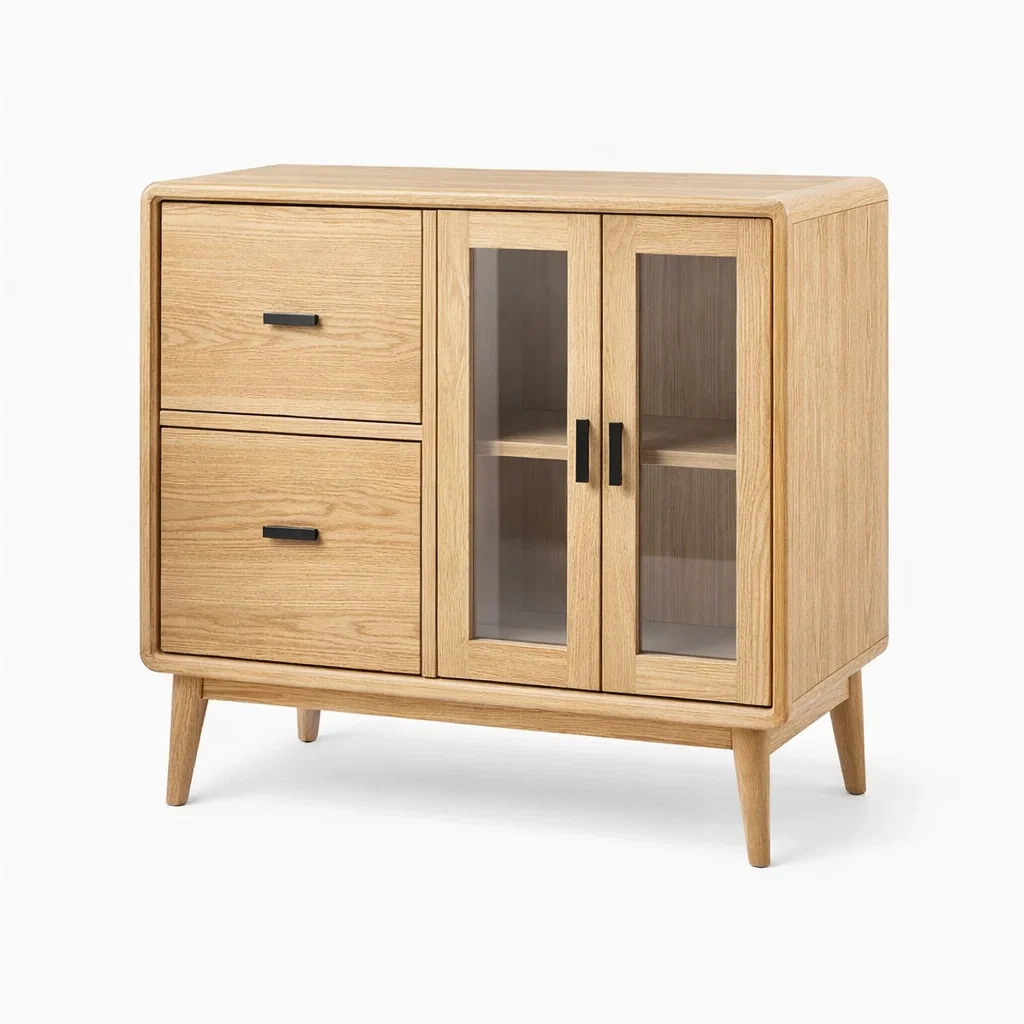 Buffet en bois de chêne avec portes en verre trempé-DREAMNESTLIVING