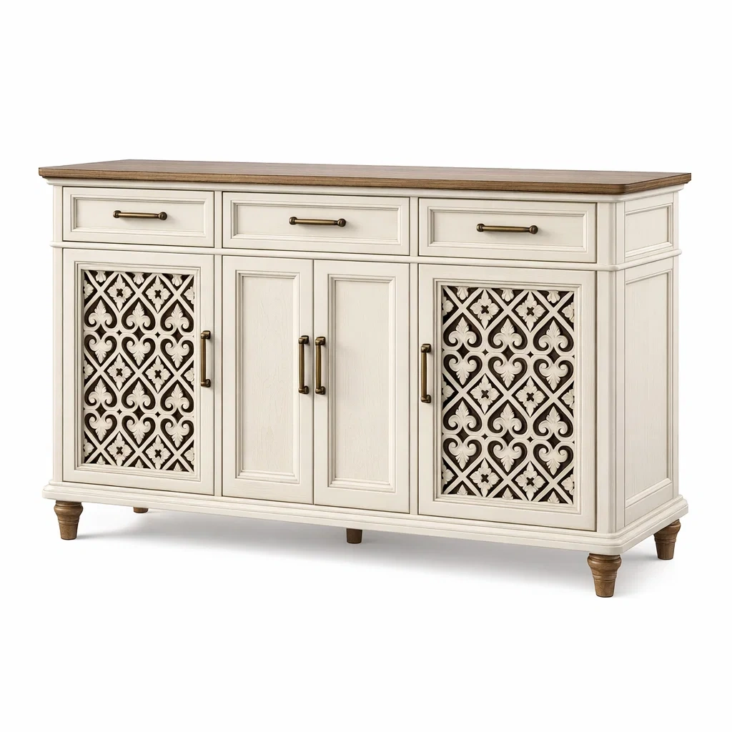 Buffet en bois avec portes sculptées crème et plateau en chêne-DREAMNESTLIVING