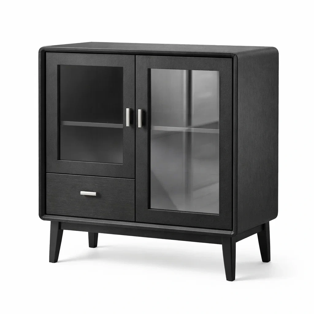 Buffet en bois MDF et verre noir 2 portes 1 tiroir-DREAMNESTLIVING