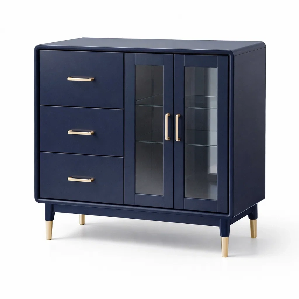 Buffet en bois métal et verre avec tiroirs et portes vitrées-DREAMNESTLIVING