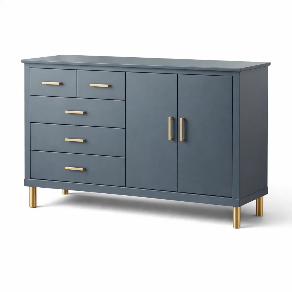 Buffet en MDF et métal gris 5 tiroirs 2 portes-DREAMNESTLIVING