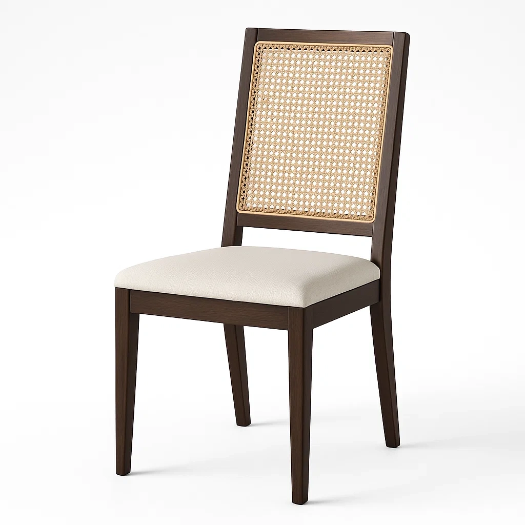 Chaise de salle à manger en bois avec dossier en rotin et assise en tissu beige-DREAMNESTLIVING