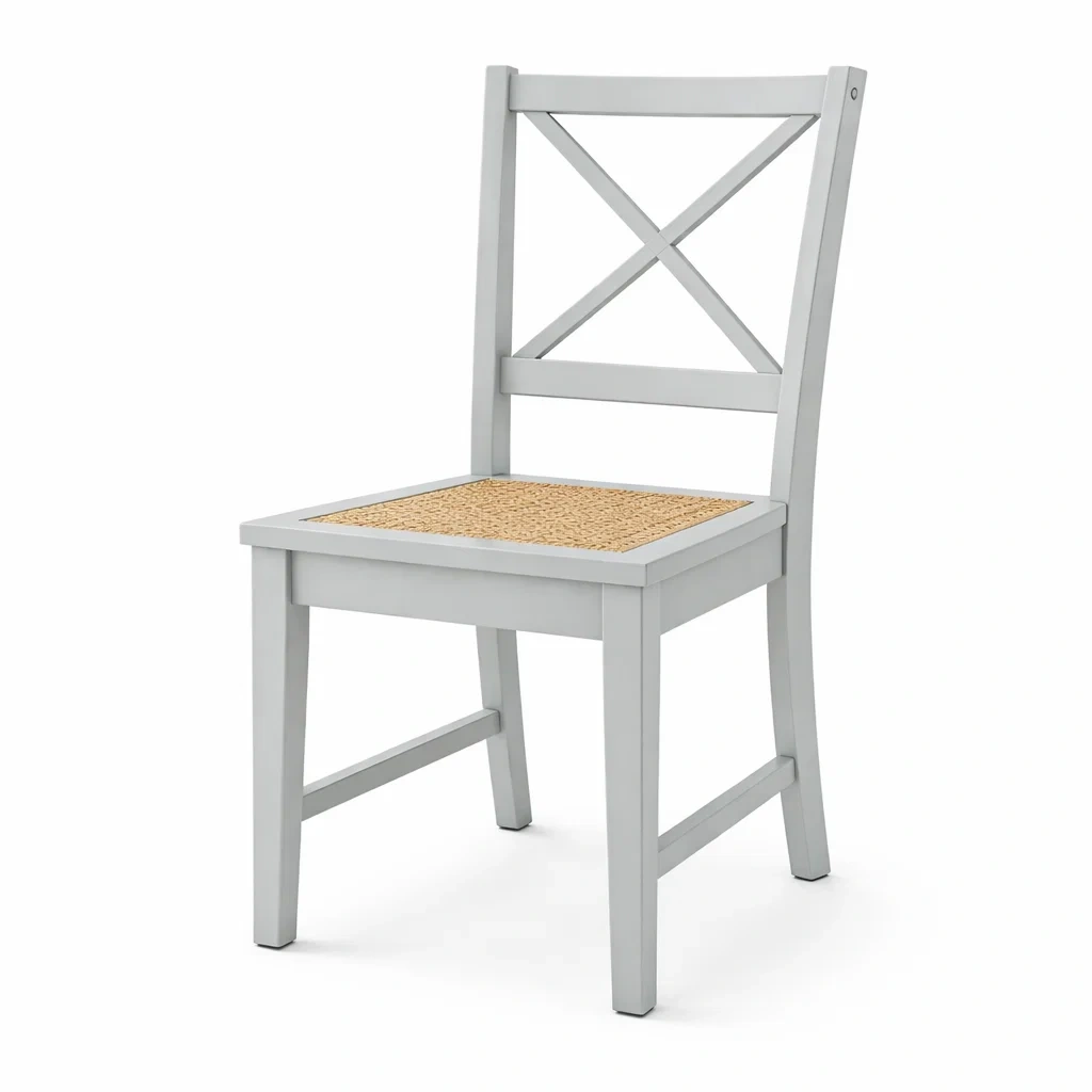 Chaise de salle à manger en bois gris clair avec assise en rotin-DREAMNESTLIVING