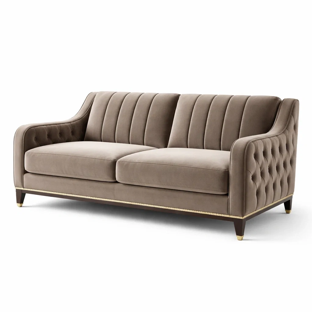 Canapé 3 places en velours brun avec structure en bois et détails métalliques-DREAMNESTLIVING