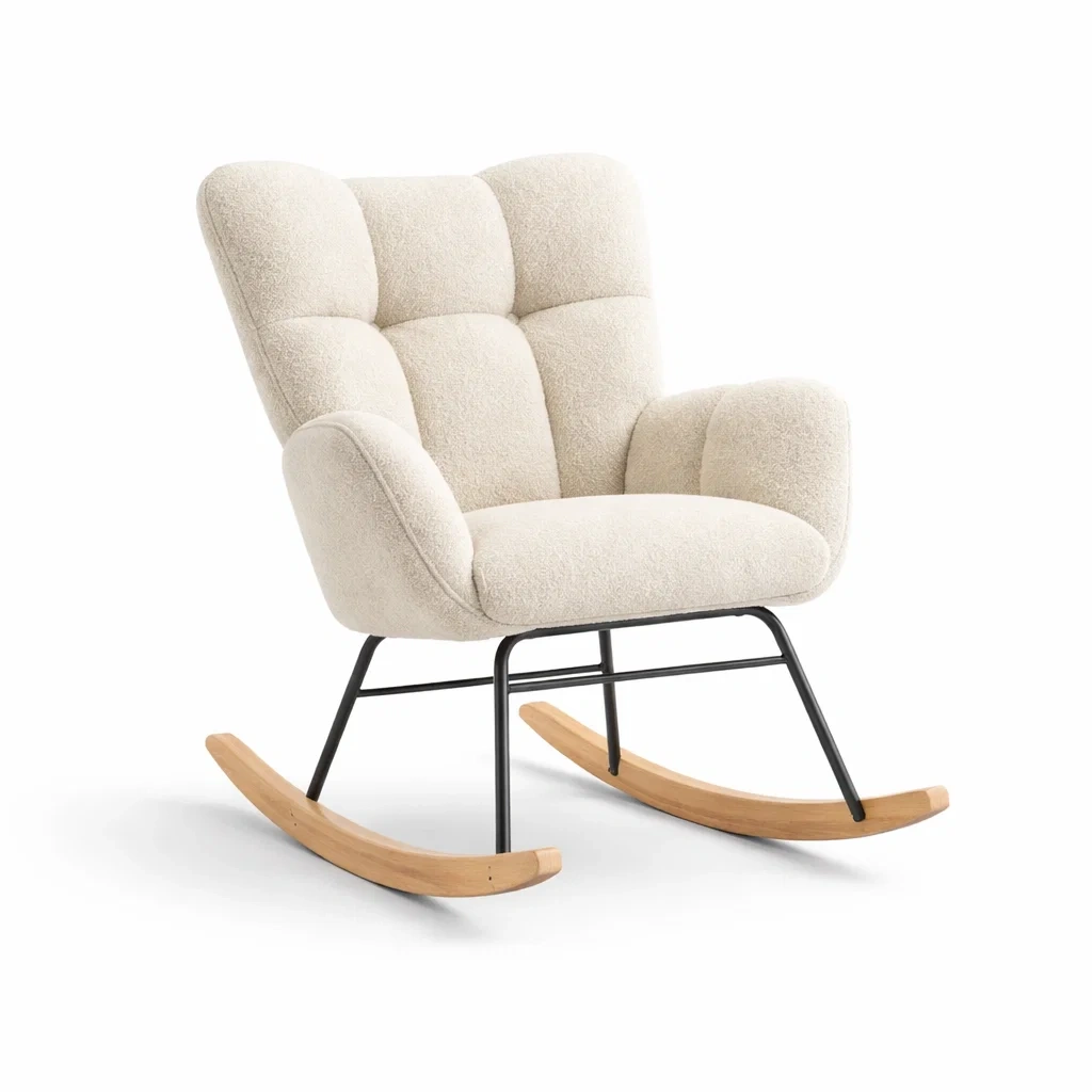 Fauteuil à bascule en tissu bouclé avec structure en métal et pieds en bois-DREAMNESTLIVING