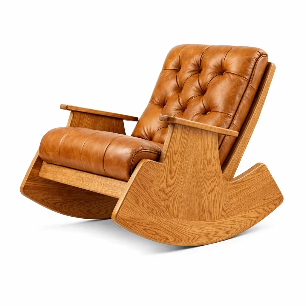 Fauteuil à bascule en cuir et chêne-DREAMNESTLIVING