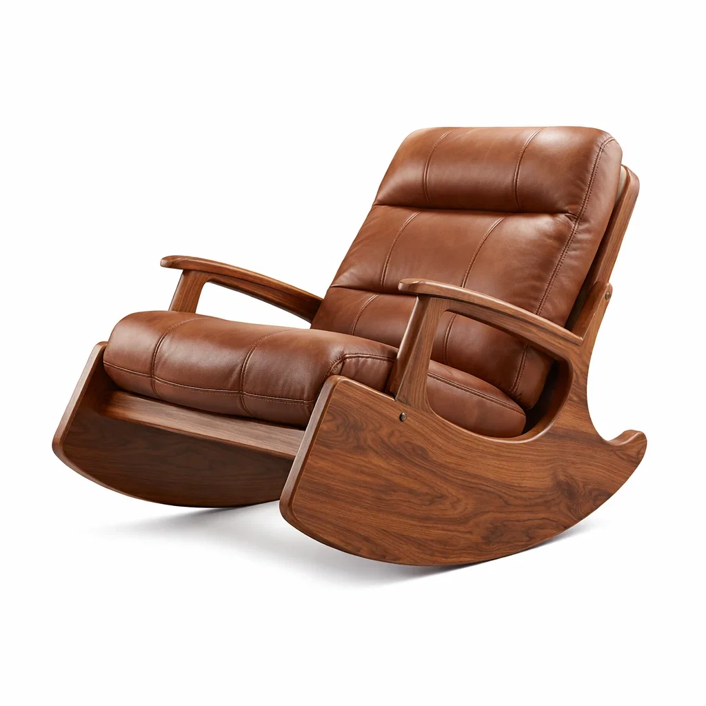 Fauteuil à bascule en cuir et bois marron-DREAMNESTLIVING