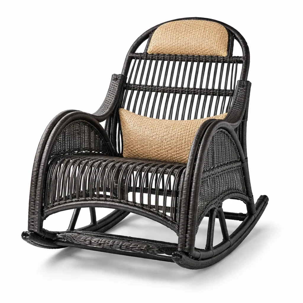 Fauteuil à bascule en rotin polyéthylène noir avec coussin beige-DREAMNESTLIVING