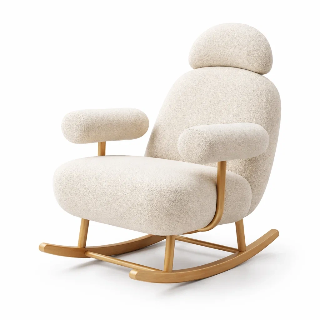 Fauteuil à bascule en bois et tissu bouclette crème 90 x 60 x 100 cm-DREAMNESTLIVING
