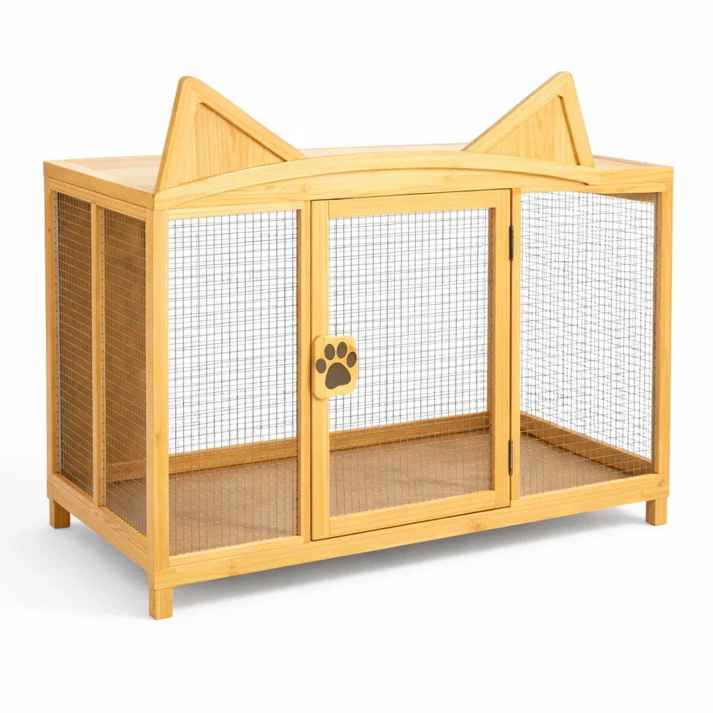 Cage à chat en bambou avec grillage métallique-URBANZENVIBES