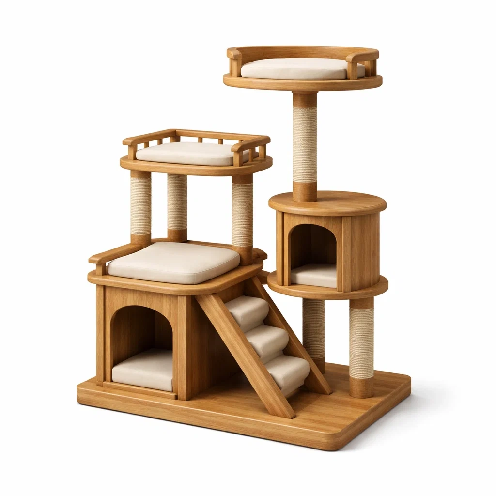 Arbre à chat en bois avec sisal et coussin beige-URBANZENVIBES