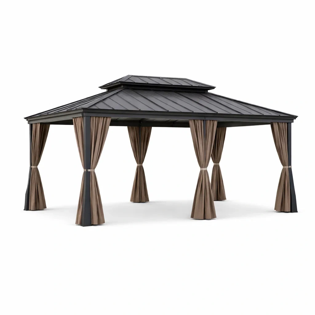 Pavillon en aluminium avec toit en acier et rideaux en polyester gris et beige-URBANZENVIBES