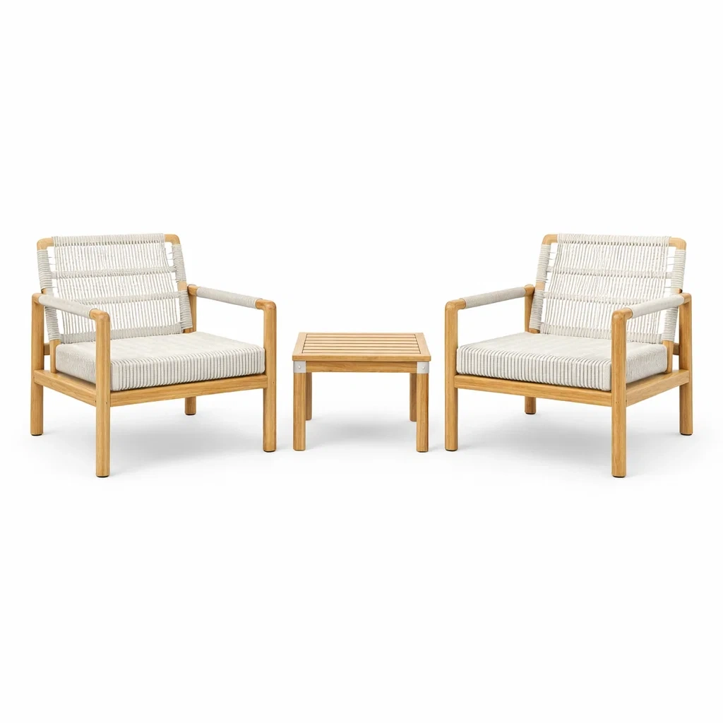 Ensemble de détente en teck avec corde en polyester 2 fauteuils et 1 table-NESTFUSIONLIVING