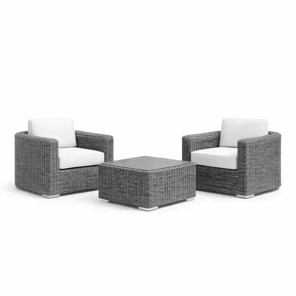 Ensemble de détente en résine tressée gris et blanc avec 2 fauteuils et table-NESTFUSIONLIVING