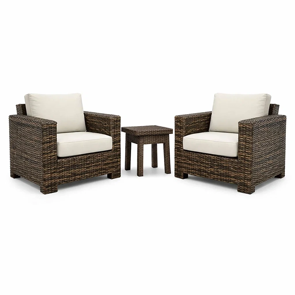 Ensemble de détente en résine tressée marron avec coussins en polyester beige-NESTFUSIONLIVING