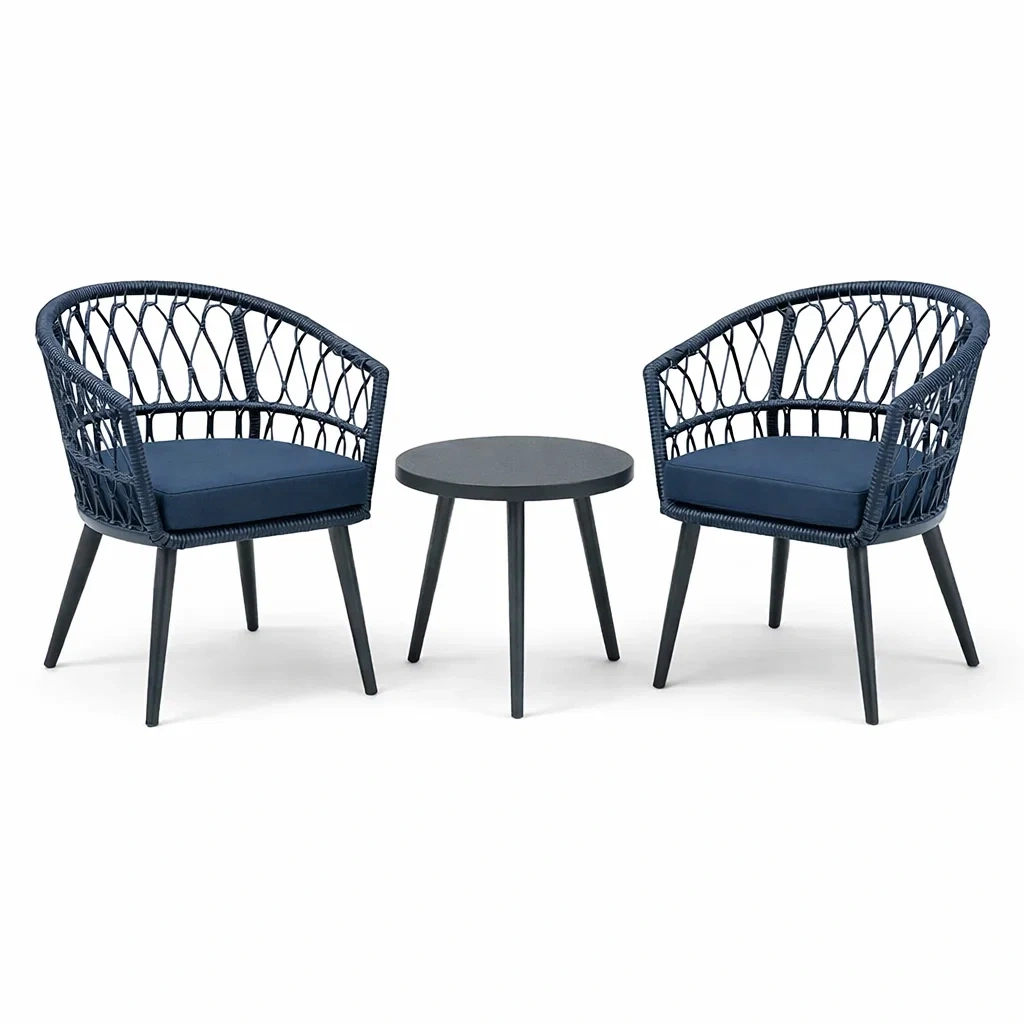 Ensemble de détente 3 pièces en résine tressée et acier bleu-NESTFUSIONLIVING