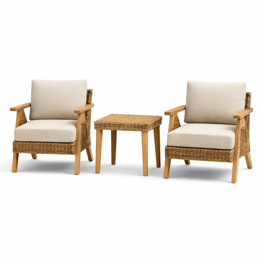Ensemble de détente avec chaises en bois et osier table et coussins en polyester-NESTFUSIONLIVING