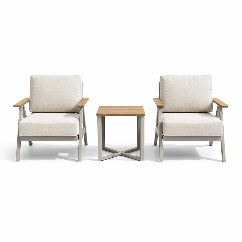 Ensemble de détente en aluminium et bois avec coussins en polyester-NESTFUSIONLIVING