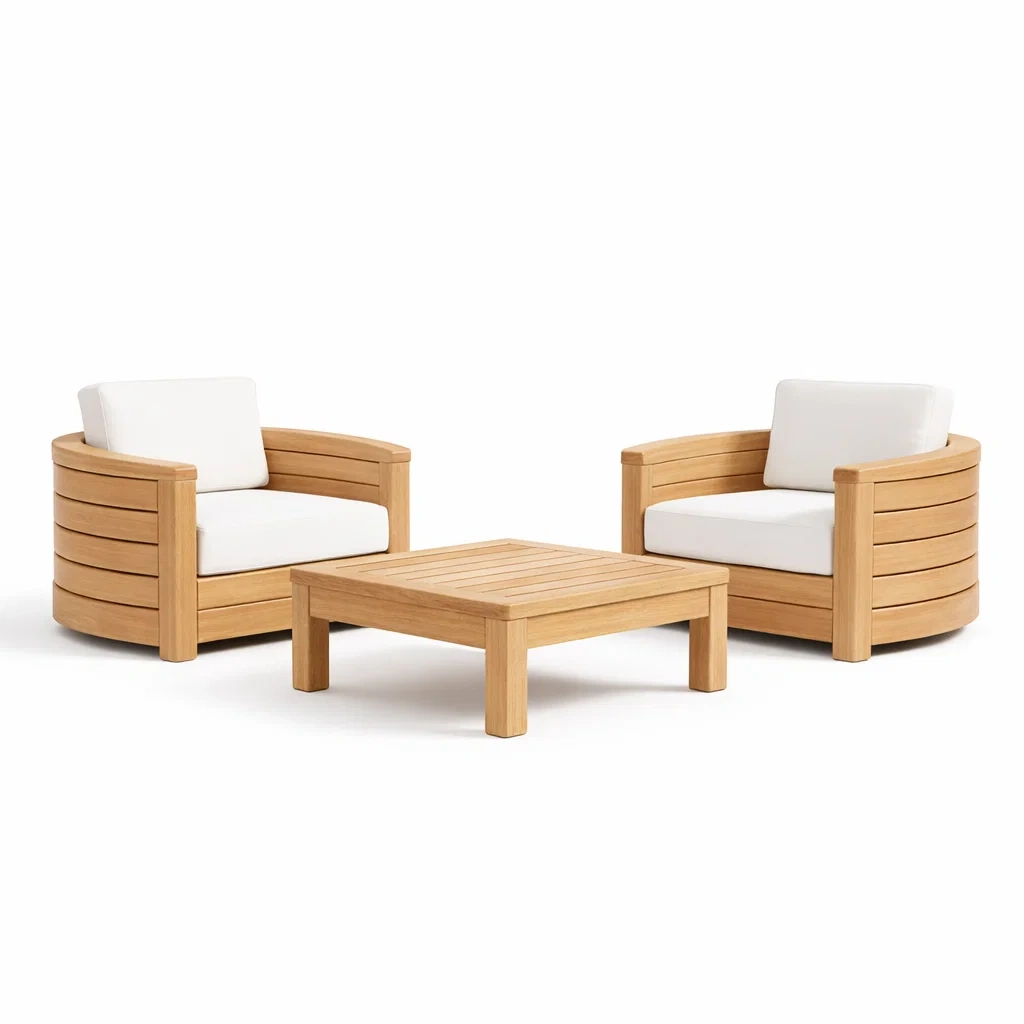 Ensemble de détente en bois avec fauteuils et table basse en tissu blanc-NESTFUSIONLIVING