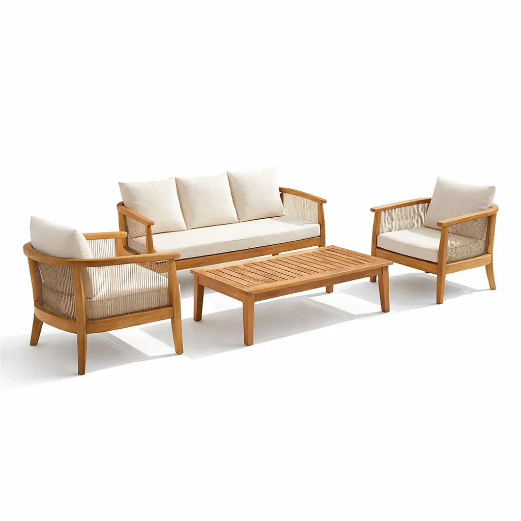 Ensemble de salon en bois de teck et polyester beige 4 pièces avec table-NESTFUSIONLIVING