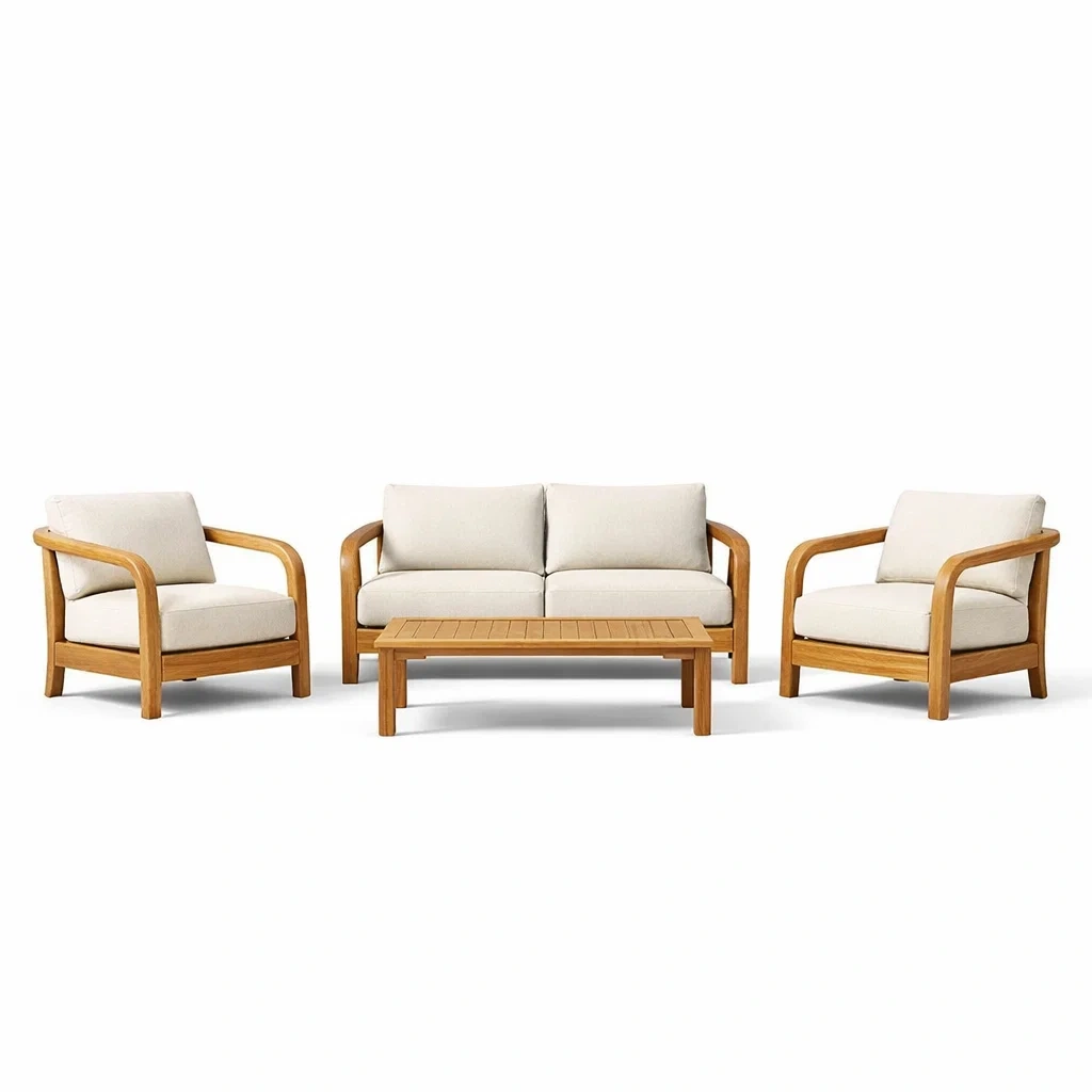 Ensemble de salon en bois avec coussins crème-NESTFUSIONLIVING