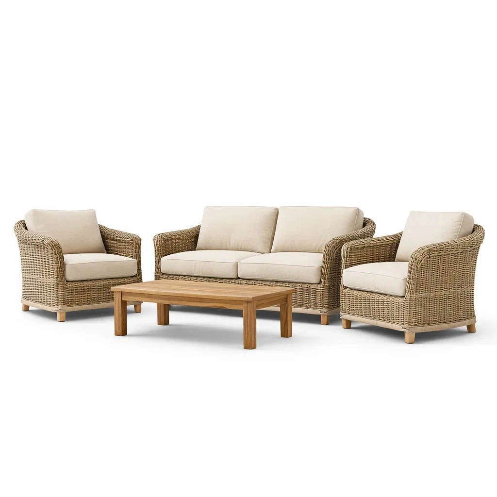 Ensemble de salon extérieur en rotin avec coussins beige et table en teck-NESTFUSIONLIVING