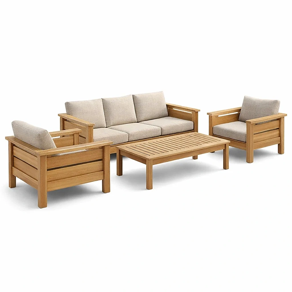 Ensemble de salon extérieur en bois avec coussins en tissu polyester beige-NESTFUSIONLIVING