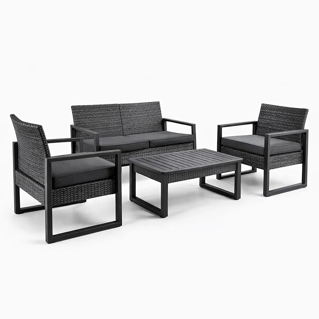 Ensemble de salon en résine tressée et aluminium noir-NESTFUSIONLIVING