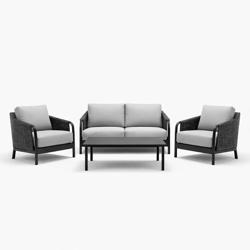 Ensemble de salon en rotin synthétique avec coussins en polyester noir et gris-NESTFUSIONLIVING
