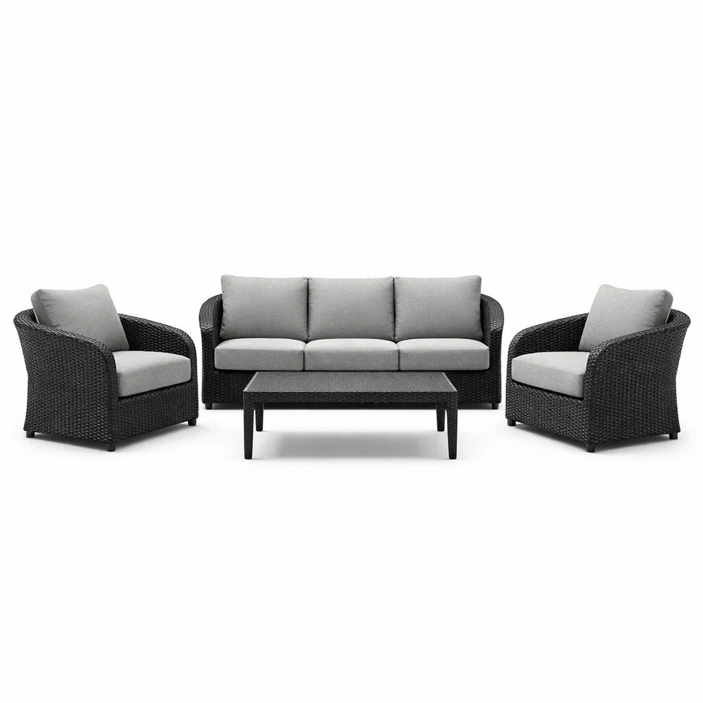 Ensemble de salon en résine tressée noir et gris-NESTFUSIONLIVING