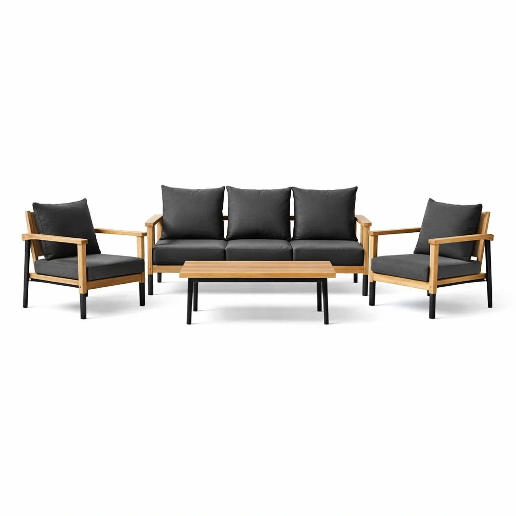 Ensemble de salon extérieur en bois avec coussins gris-NESTFUSIONLIVING