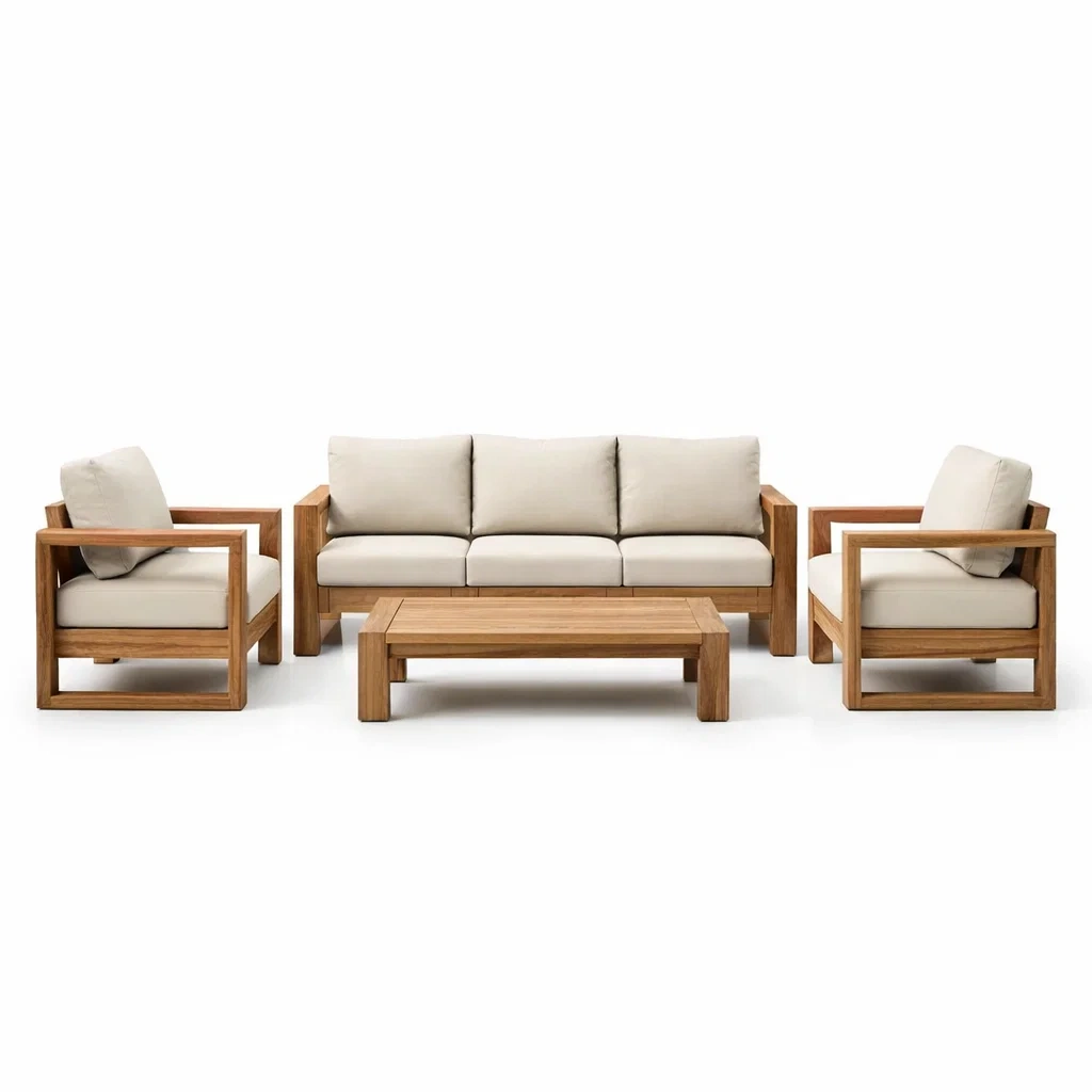 Ensemble de salon extérieur en bois de teck et tissu beige-NESTFUSIONLIVING