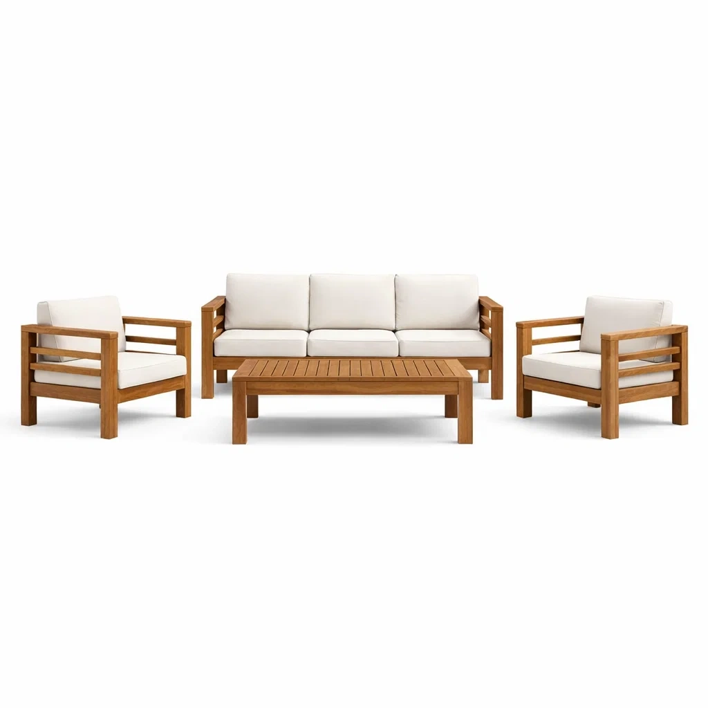 Ensemble de salon en bois avec coussins en polyester blancs-NESTFUSIONLIVING