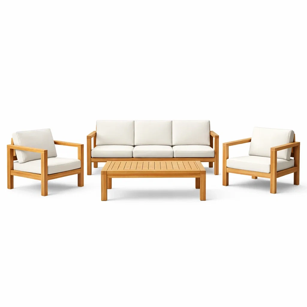 Ensemble de salon en bois avec coussins en polyester beige-NESTFUSIONLIVING