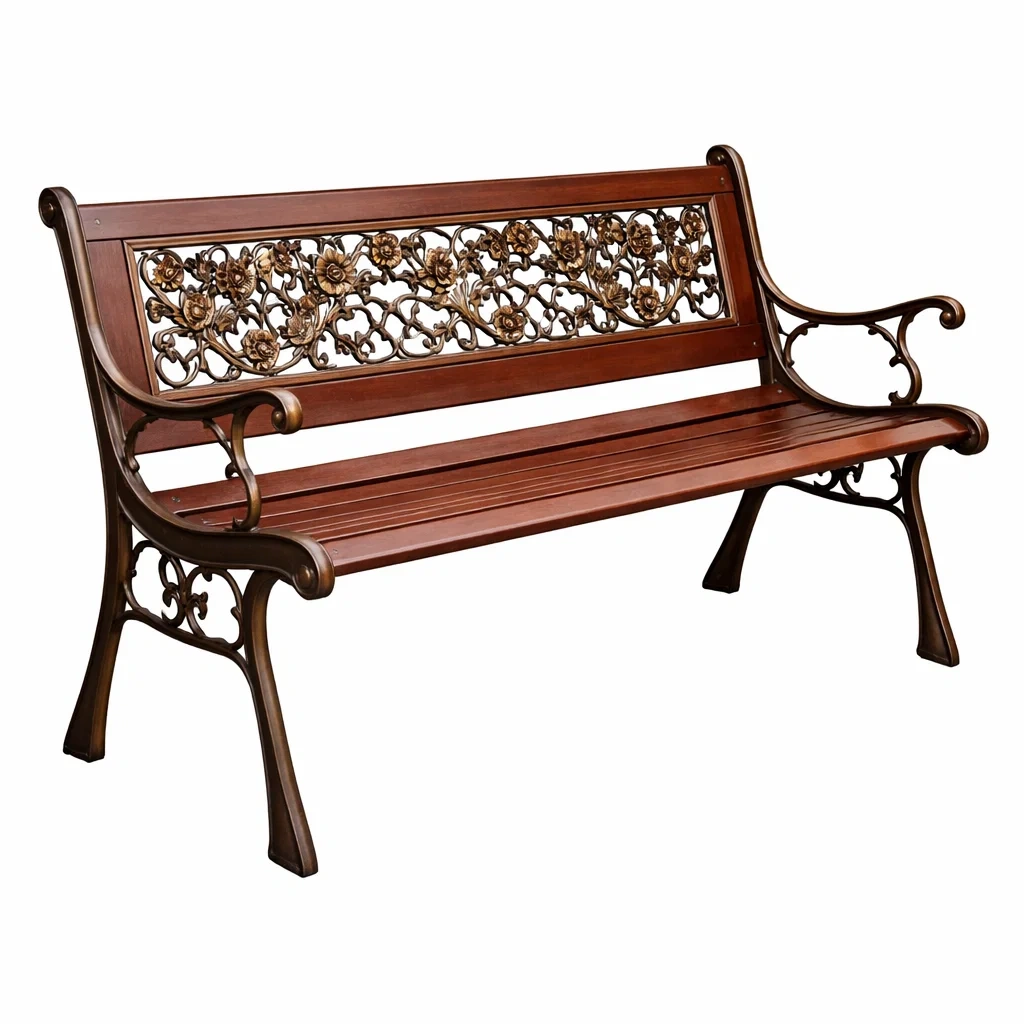 Banc en bois et fer forgé brun avec motifs floraux-NESTFUSIONLIVING