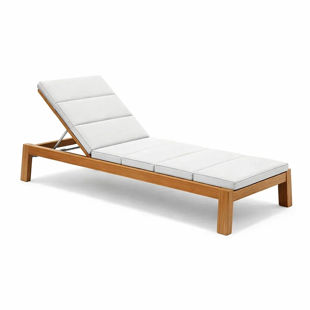 Chaise longue en teck avec coussins en polyester blancs-NESTFUSIONLIVING