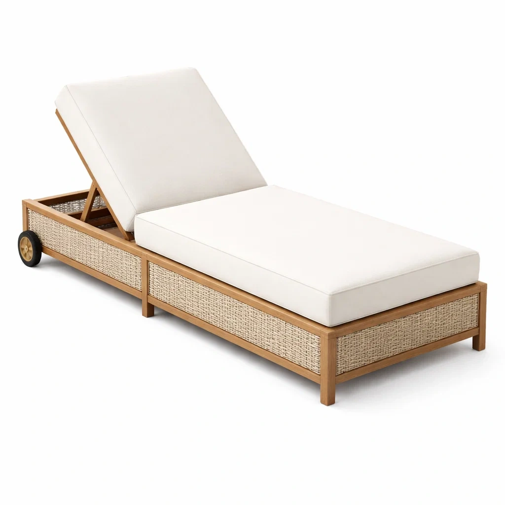 Chaise longue en bois et rotin avec coussin blanc-NESTFUSIONLIVING
