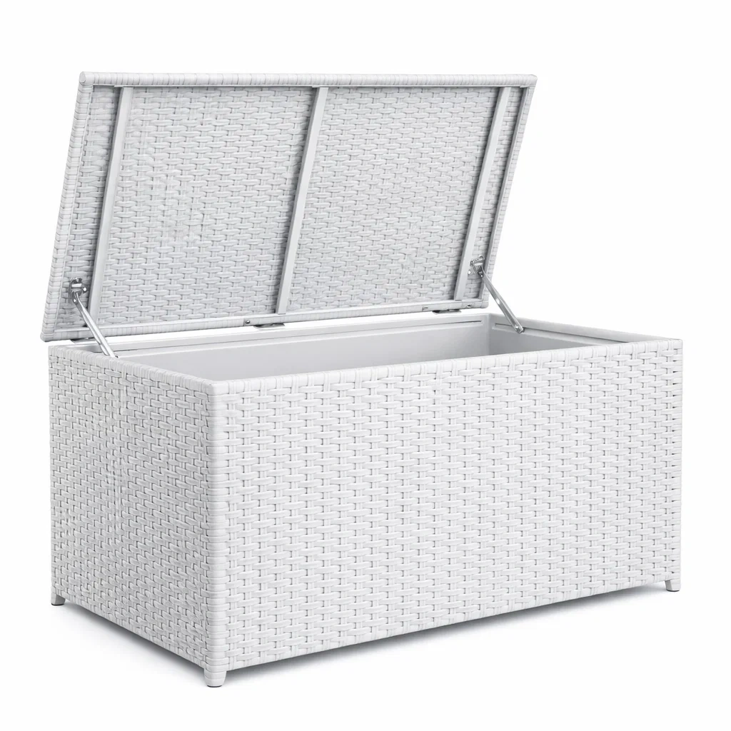 Coffre de rangement en rotin synthétique blanc avec cadre métallique-NESTFUSIONLIVING