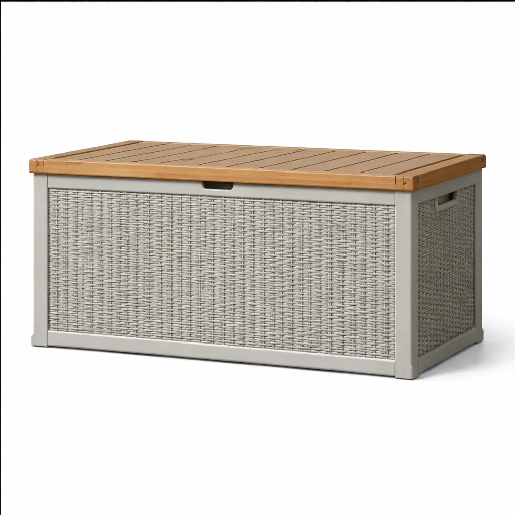 Coffre de rangement en résine et bois gris-NESTFUSIONLIVING