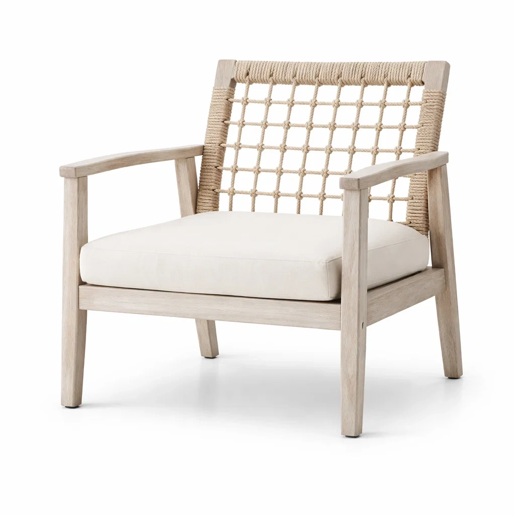 Fauteuil en bois et corde avec coussin beige-NESTFUSIONLIVING