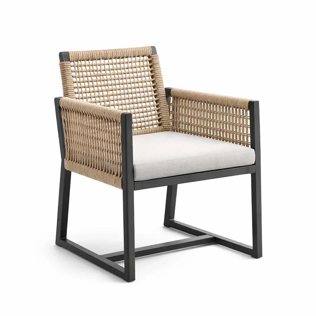 Fauteuil en aluminium et corde beige avec coussin gris-NESTFUSIONLIVING