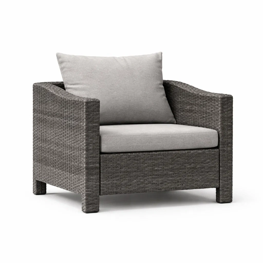 Fauteuil en résine tressée gris avec coussins en polyester gris clair-NESTFUSIONLIVING