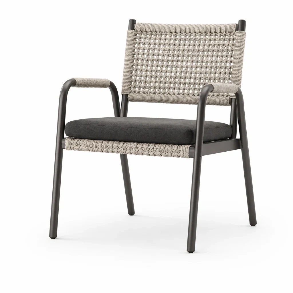 Fauteuil en aluminium avec corde synthétique et coussin gris noir-NESTFUSIONLIVING