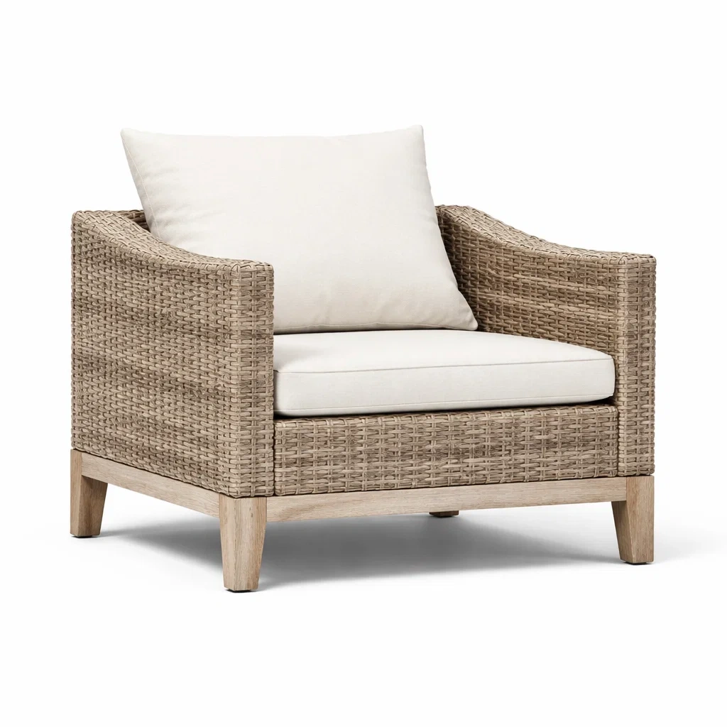Fauteuil en bois et résine tressée avec coussins beige-NESTFUSIONLIVING