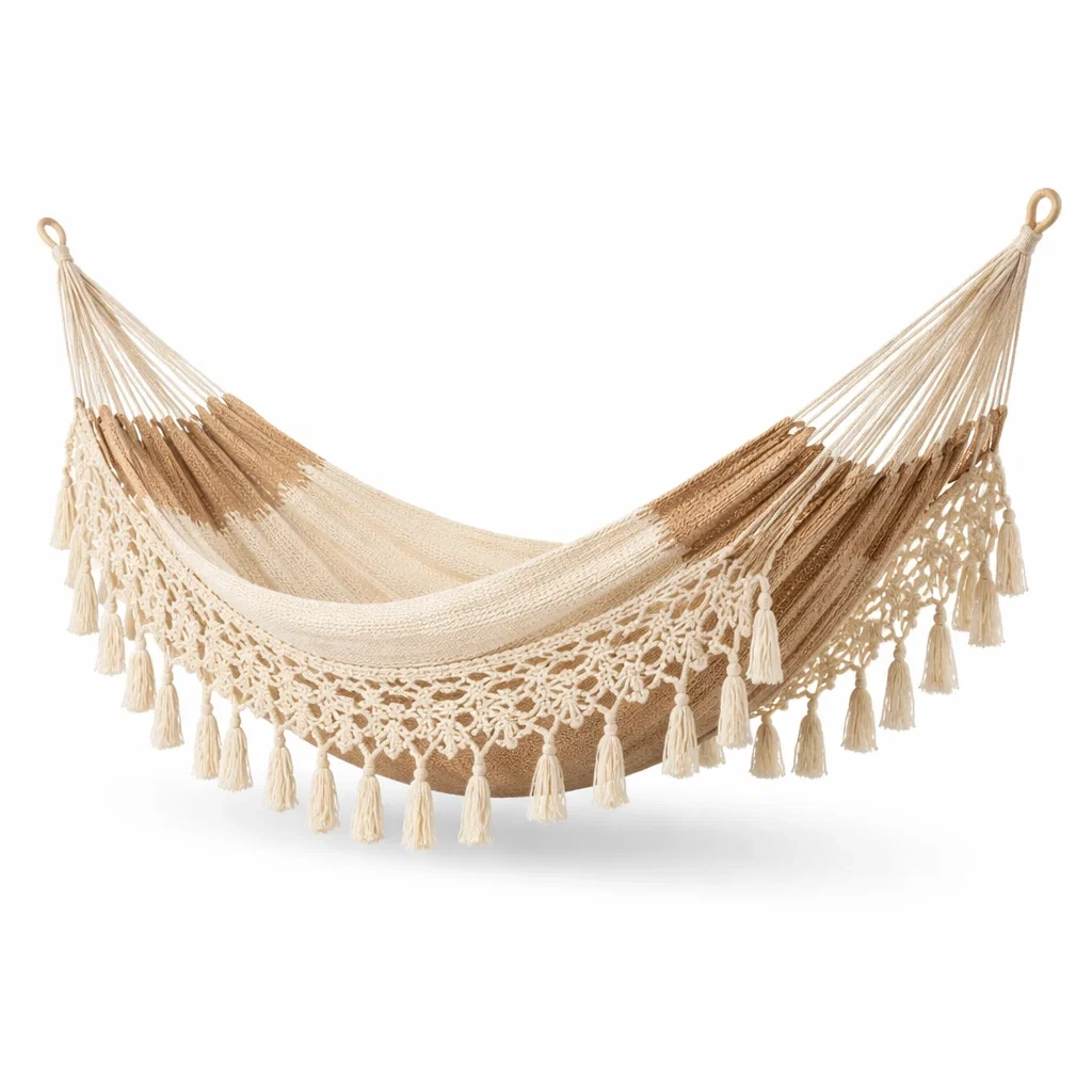 Hamac en coton avec macramé beige 200x150 cm-NESTFUSIONLIVING