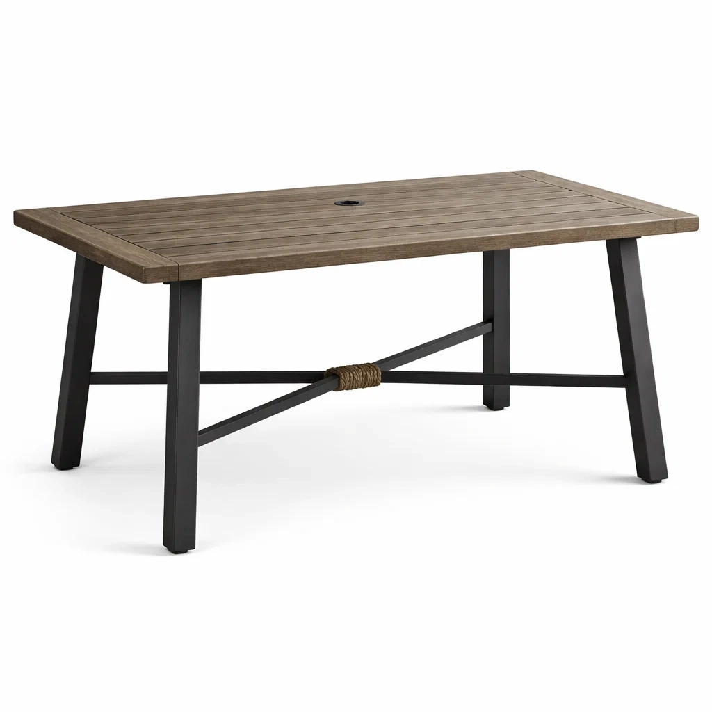 Table rectangulaire en bois et métal brun avec trou pour parasol-NESTFUSIONLIVING
