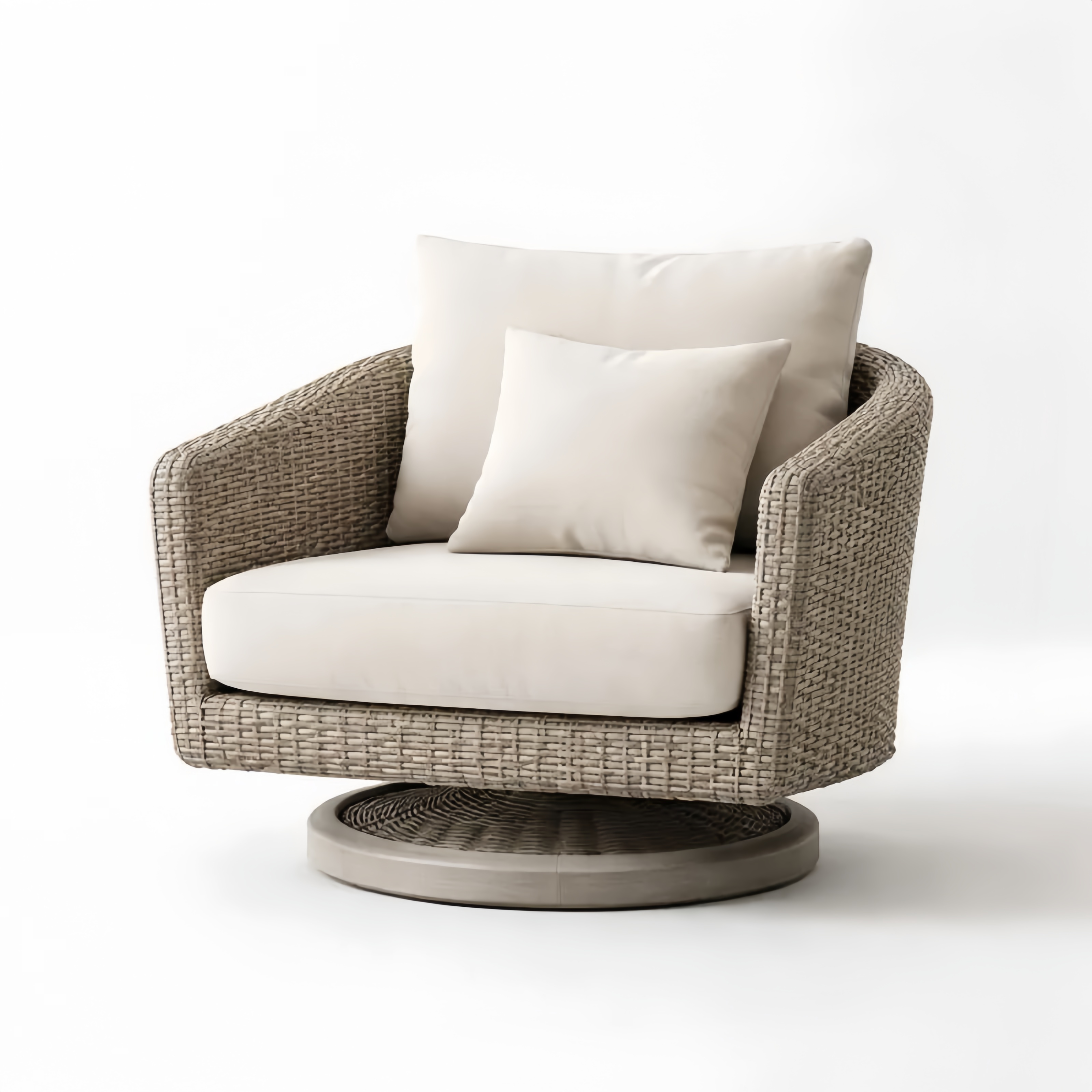 Fauteuil pivotant en rotin synthétique beige avec coussins amovibles
