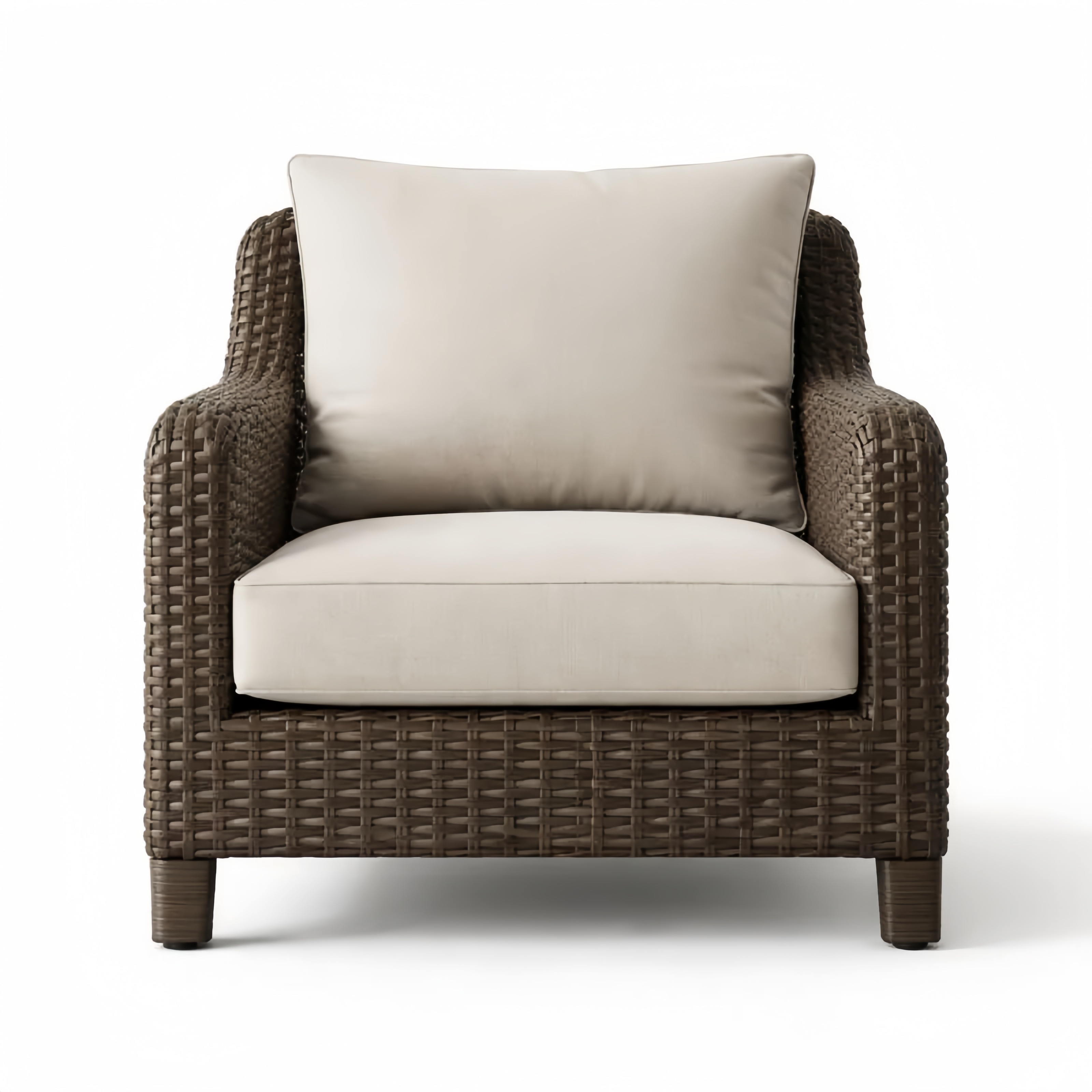 Fauteuil en résine tressée marron avec coussins en polyester beige