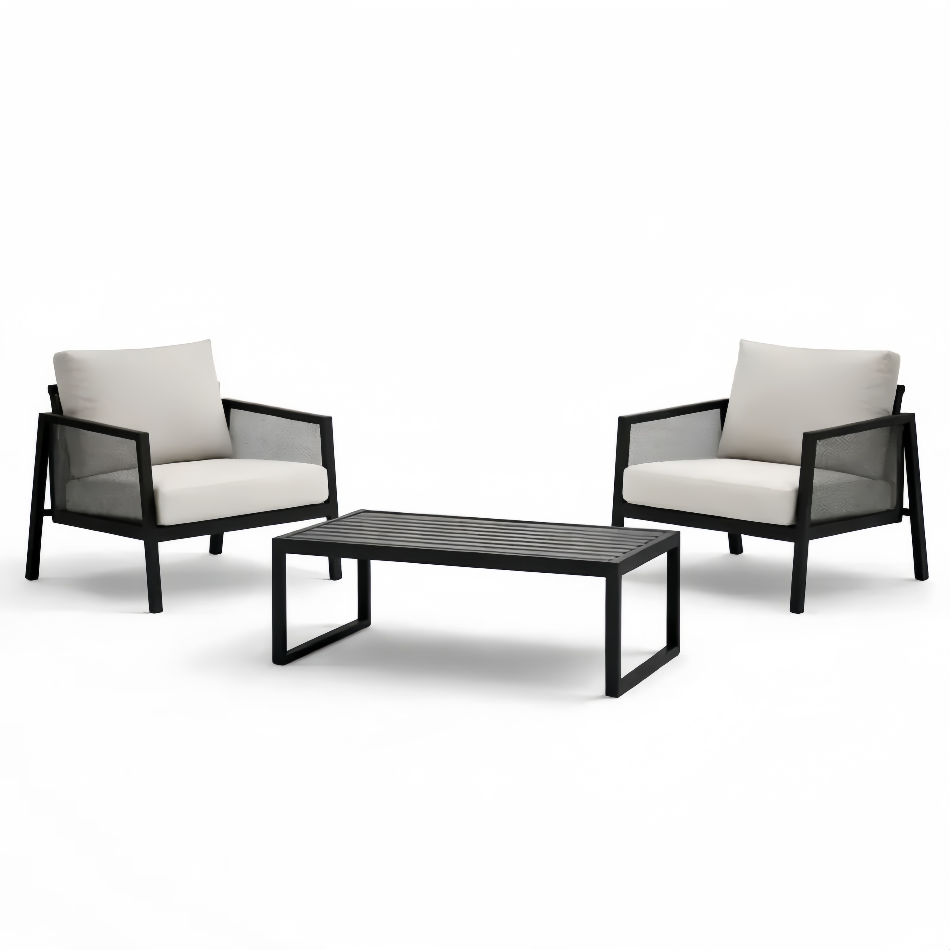 Ensemble de mobilier d'extérieur en aluminium noir avec coussins beiges